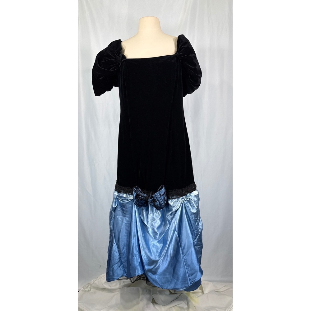 Vintage 80s Black Velvet Blue Satin Puffed Sleeve Ugly Prom Dress Costume READ